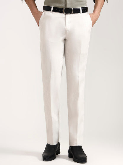 Off White Solid Slim Fit Formal Trouser | JadeBlue