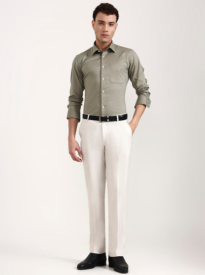 Off White Solid Slim Fit Formal Trouser | JadeBlue