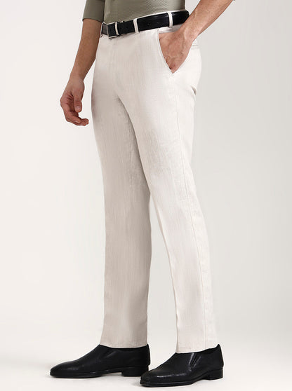 Off White Solid Slim Fit Formal Trouser | JadeBlue