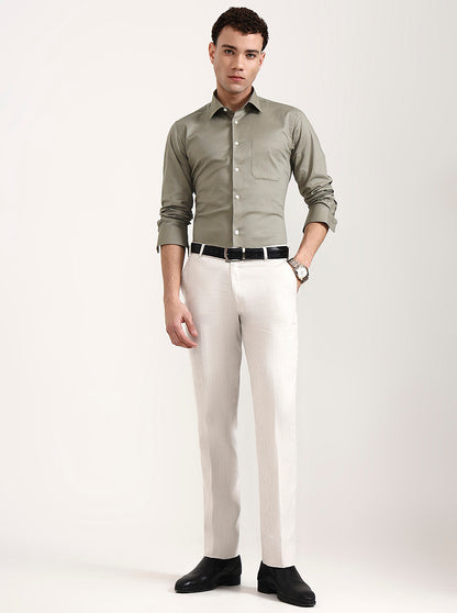 Off White Solid Slim Fit Formal Trouser | JadeBlue