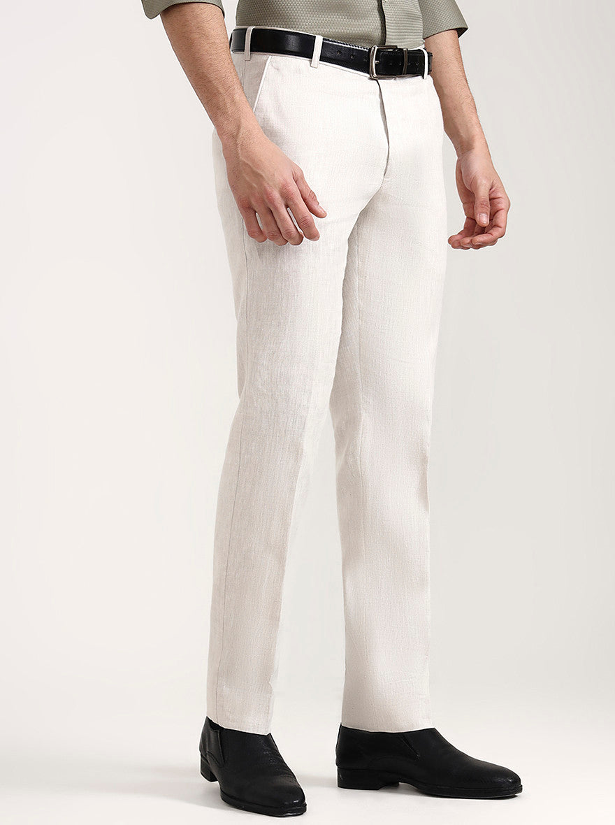 Off White Solid Slim Fit Formal Trouser | JadeBlue