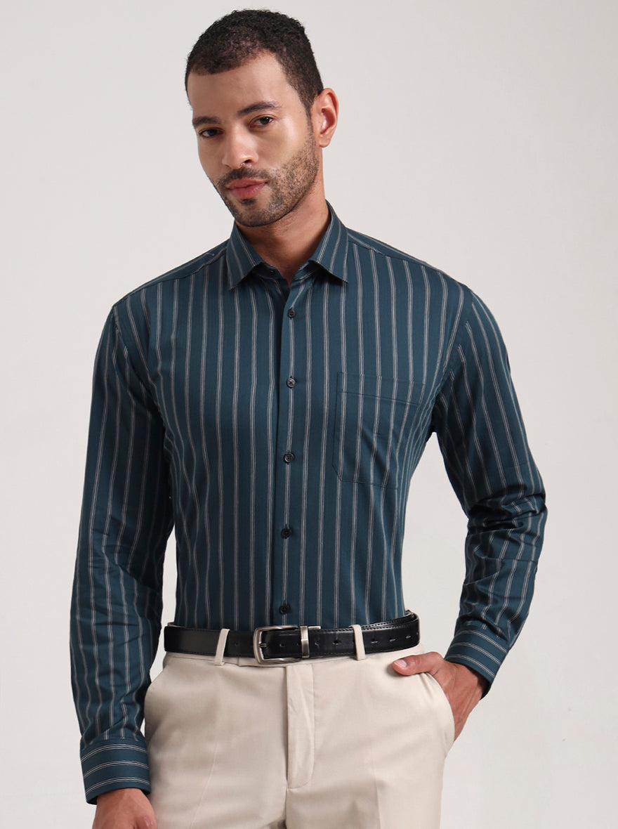 Green Striped Regular Fit Formal Shirt | JadeBlue