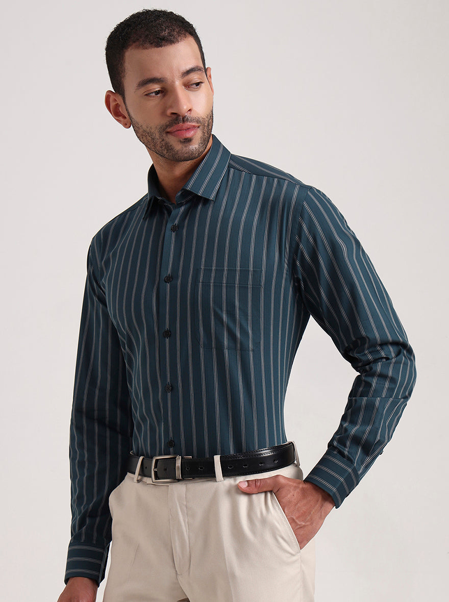 Green Striped Regular Fit Formal Shirt | JadeBlue