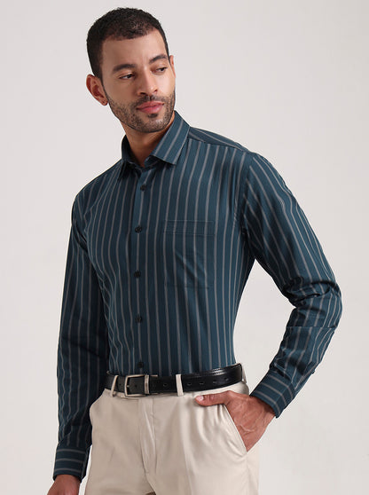 Green Striped Regular Fit Formal Shirt | JadeBlue