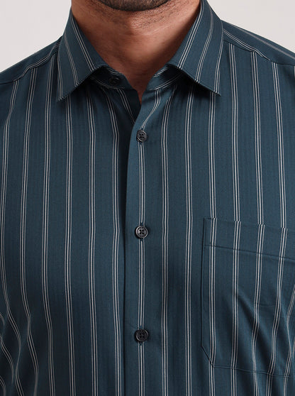 Green Striped Regular Fit Formal Shirt | JadeBlue