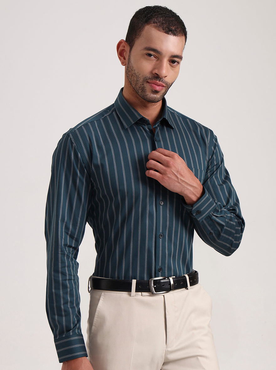 Green Striped Regular Fit Formal Shirt | JadeBlue