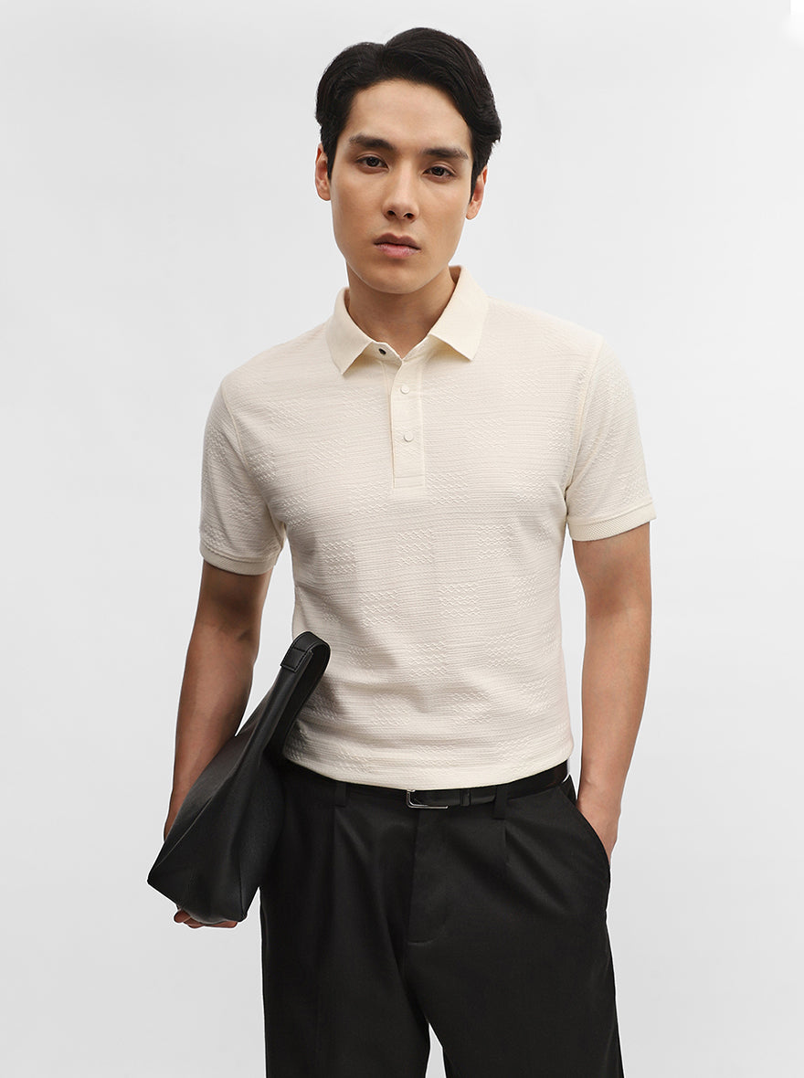 Off White Jacquard Slim Fit Polo T-Shirt | JadeBlue