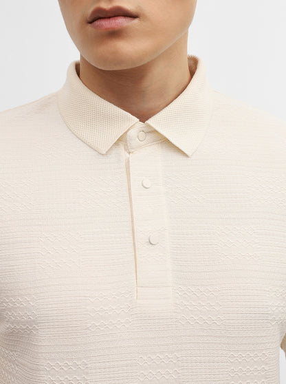 Off White Jacquard Slim Fit Polo T-Shirt | JadeBlue