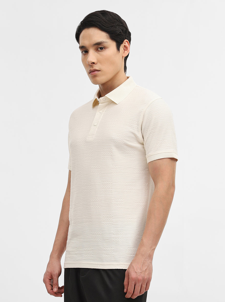 Off White Jacquard Slim Fit Polo T-Shirt | JadeBlue