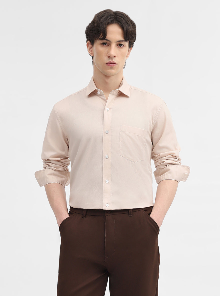 Beige Solid Slim Fit Semi Casual Shirt | JadeBlue
