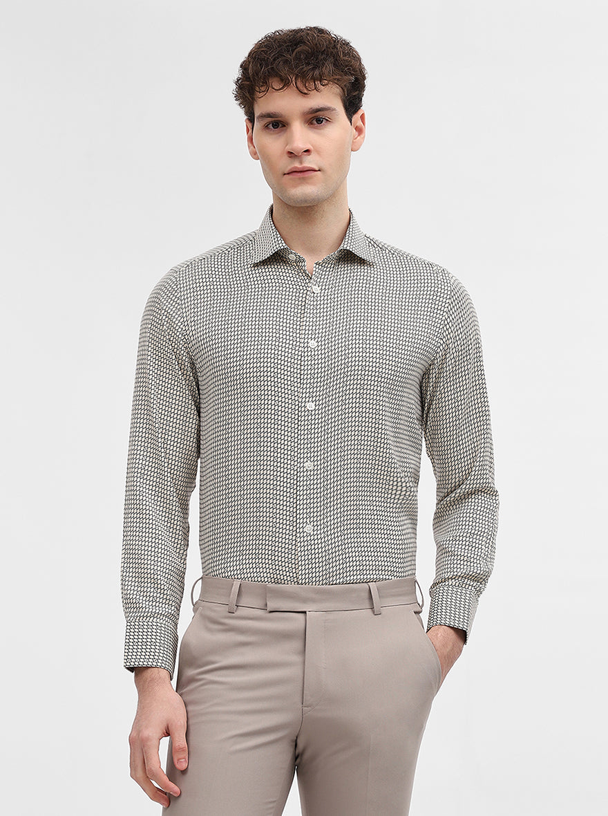 Cream & Black Printed Slim Fit Formal Shirt | JadeBlue Super Luxe