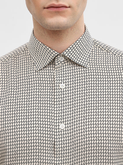 Cream & Black Printed Slim Fit Formal Shirt | JadeBlue Super Luxe