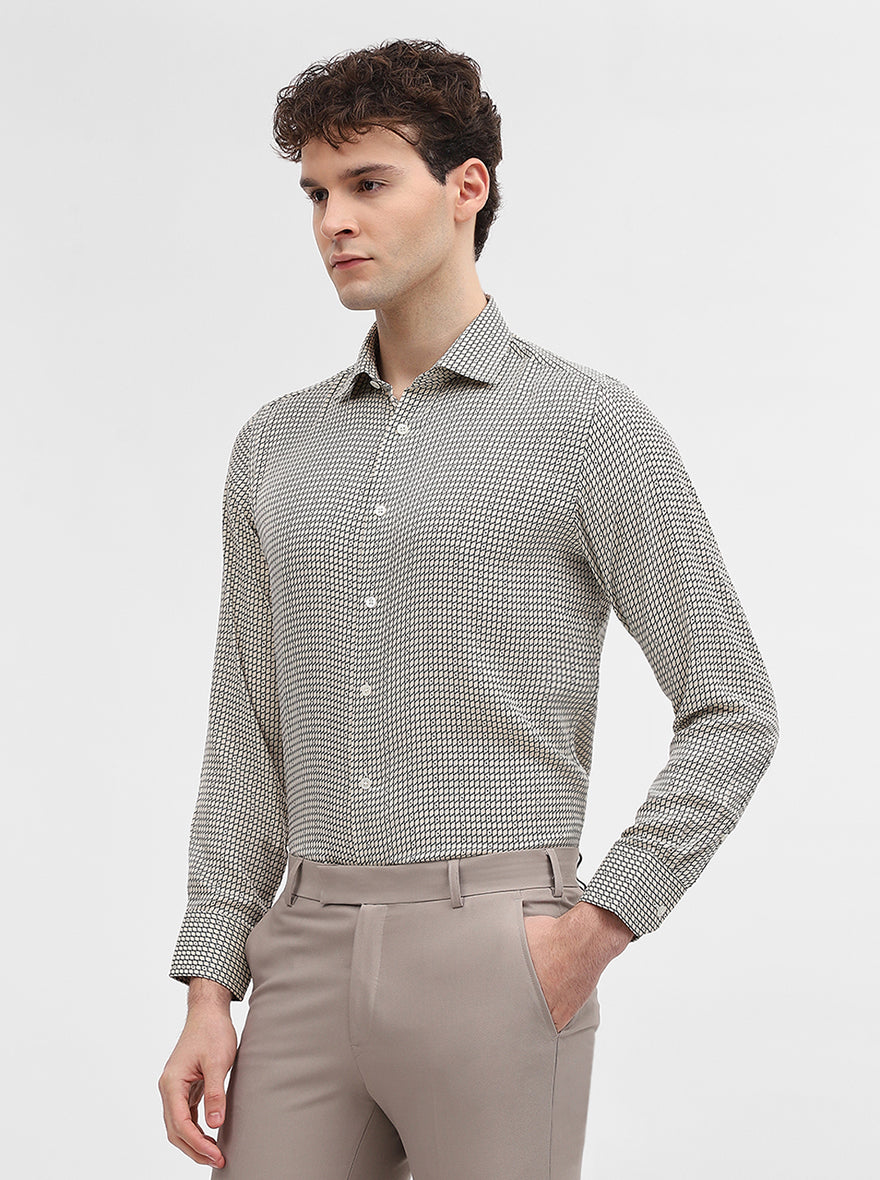Cream & Black Printed Slim Fit Formal Shirt | JadeBlue Super Luxe
