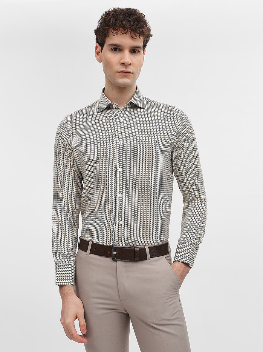 Cream & Black Printed Slim Fit Formal Shirt | JadeBlue Super Luxe