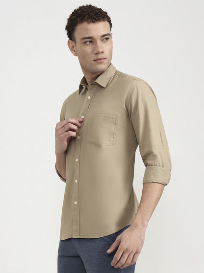 Khaki Solid Tailored Fit Semi Casual Shirt | Greenfibre