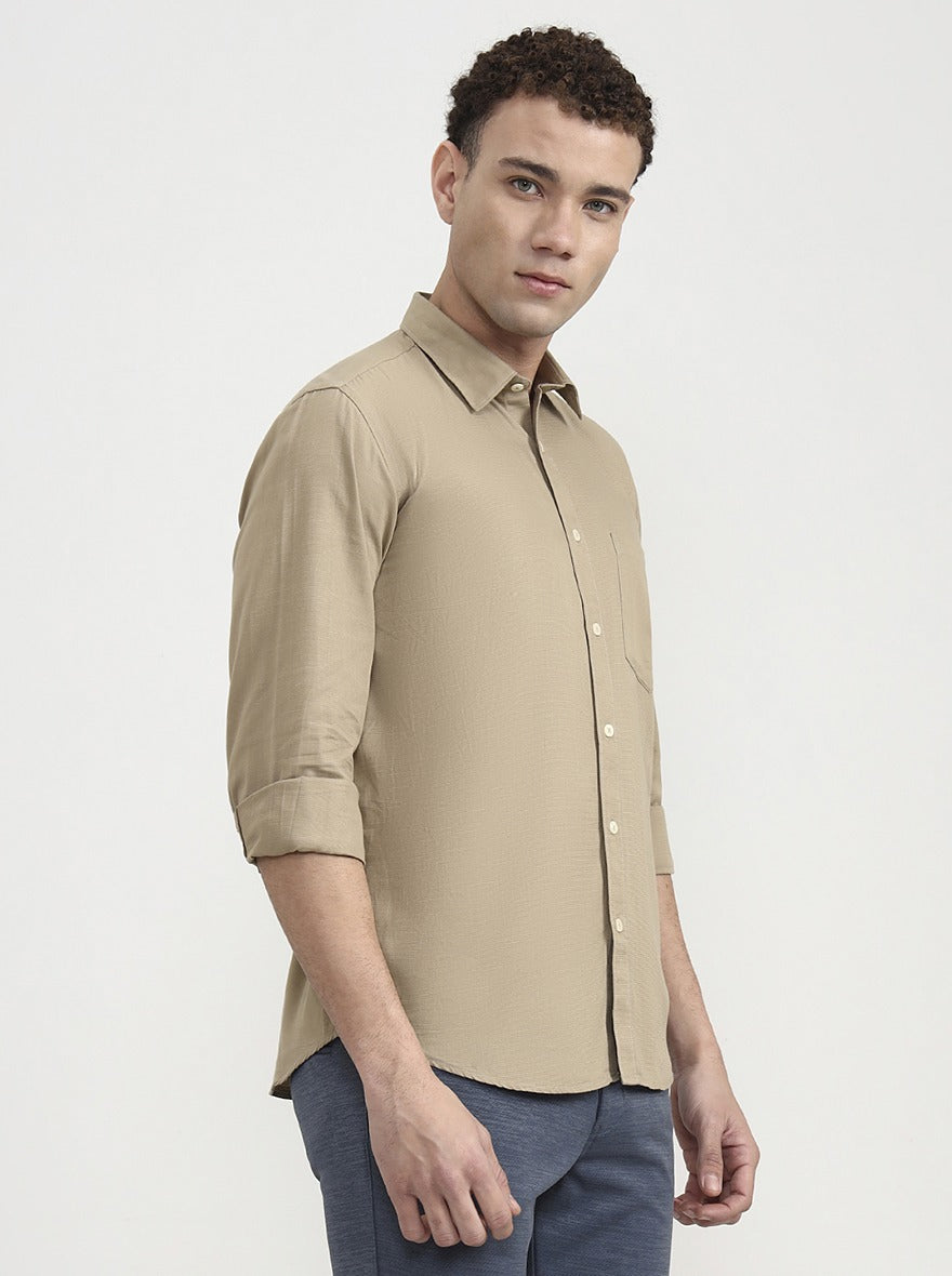 Khaki Solid Tailored Fit Semi Casual Shirt | Greenfibre