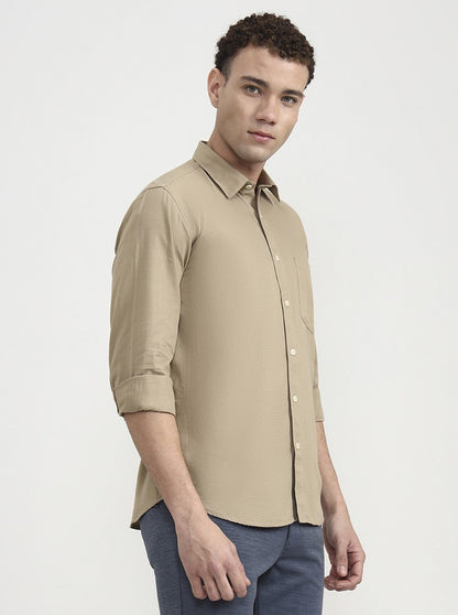 Khaki Solid Tailored Fit Semi Casual Shirt | Greenfibre