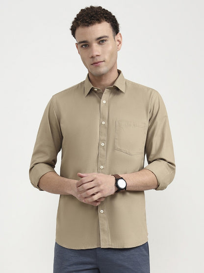 Khaki Solid Tailored Fit Semi Casual Shirt | Greenfibre