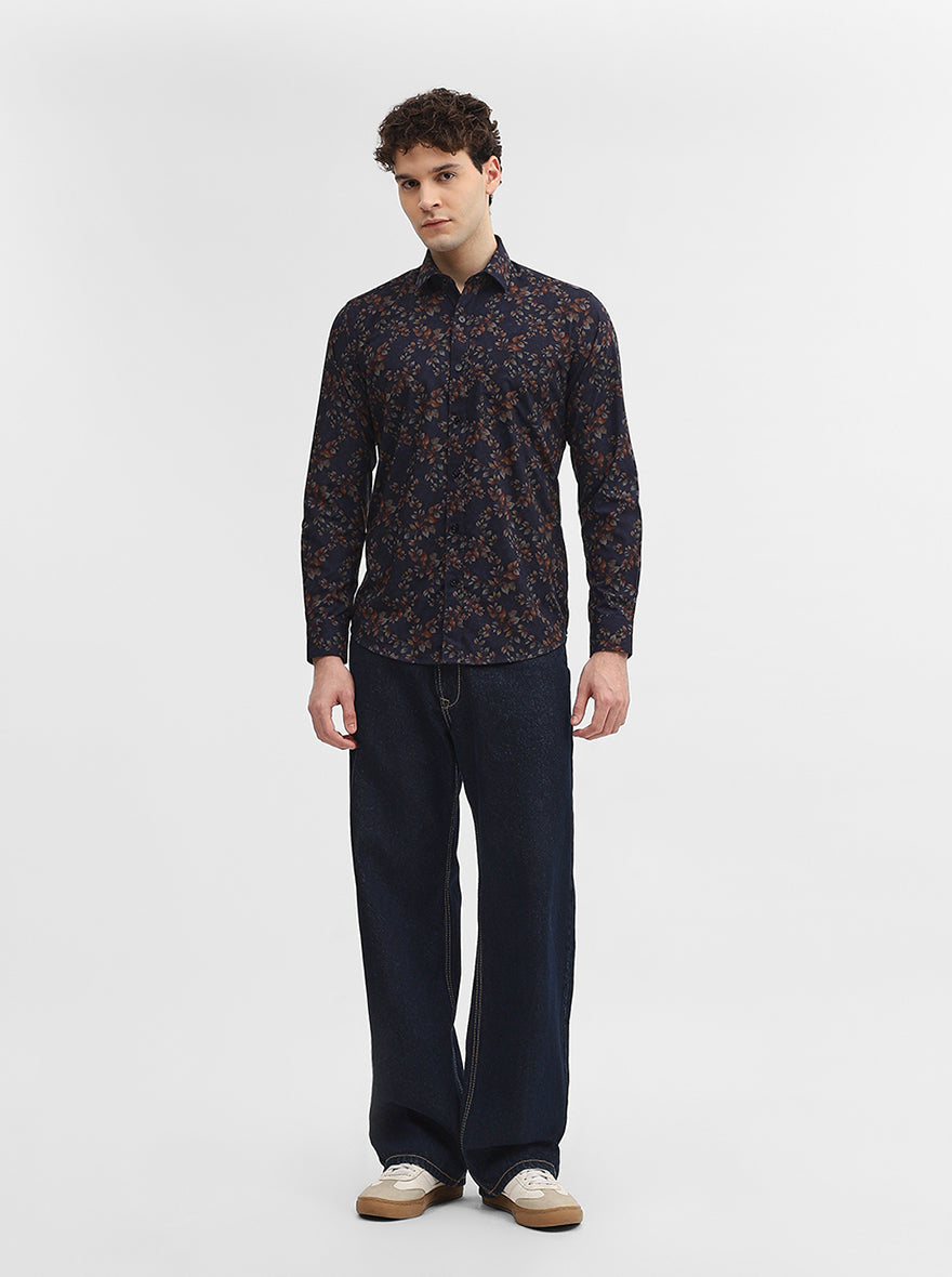 Navy Blue Printed Smart Fit Semi Casual Shirt | Greenfibre