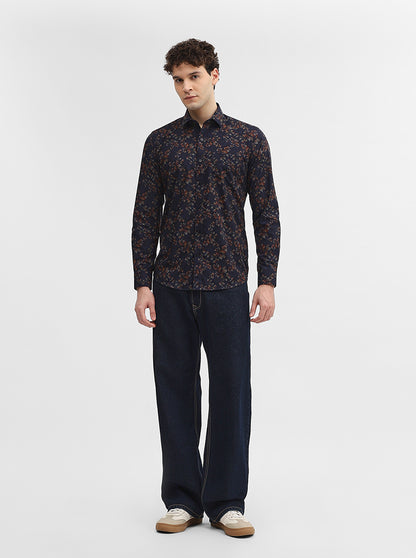 Navy Blue Printed Smart Fit Semi Casual Shirt | Greenfibre