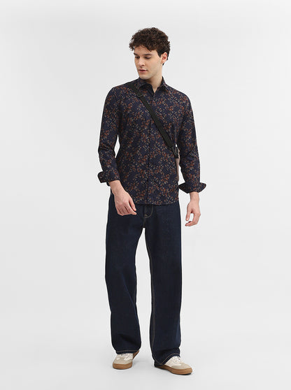 Navy Blue Printed Smart Fit Semi Casual Shirt | Greenfibre