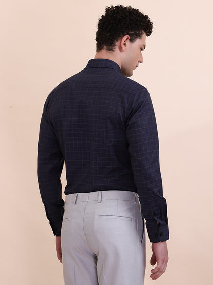Navy Blue Checked Slim Fit Formal Shirt | Greenfibre
