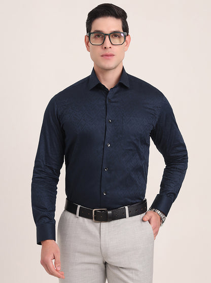 Navy Blue Printed Slim Fit Formal Shirt | Metal