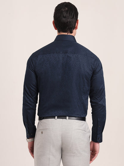 Navy Blue Printed Slim Fit Formal Shirt | Metal