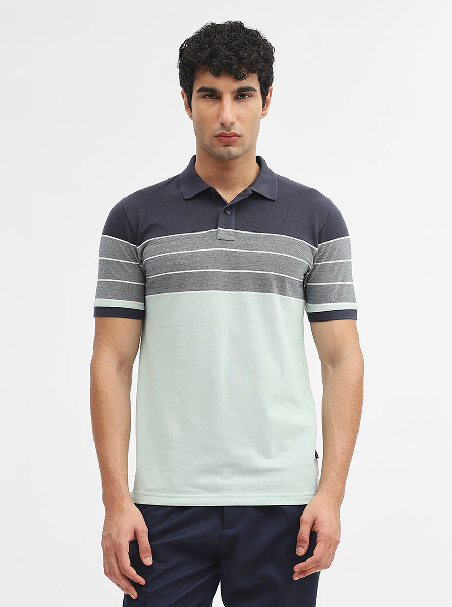 Navy Blue & Green Striped Slim Fit Polo T-Shirt | Greenfibre