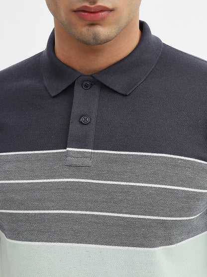 Navy Blue & Green Striped Slim Fit Polo T-Shirt | Greenfibre