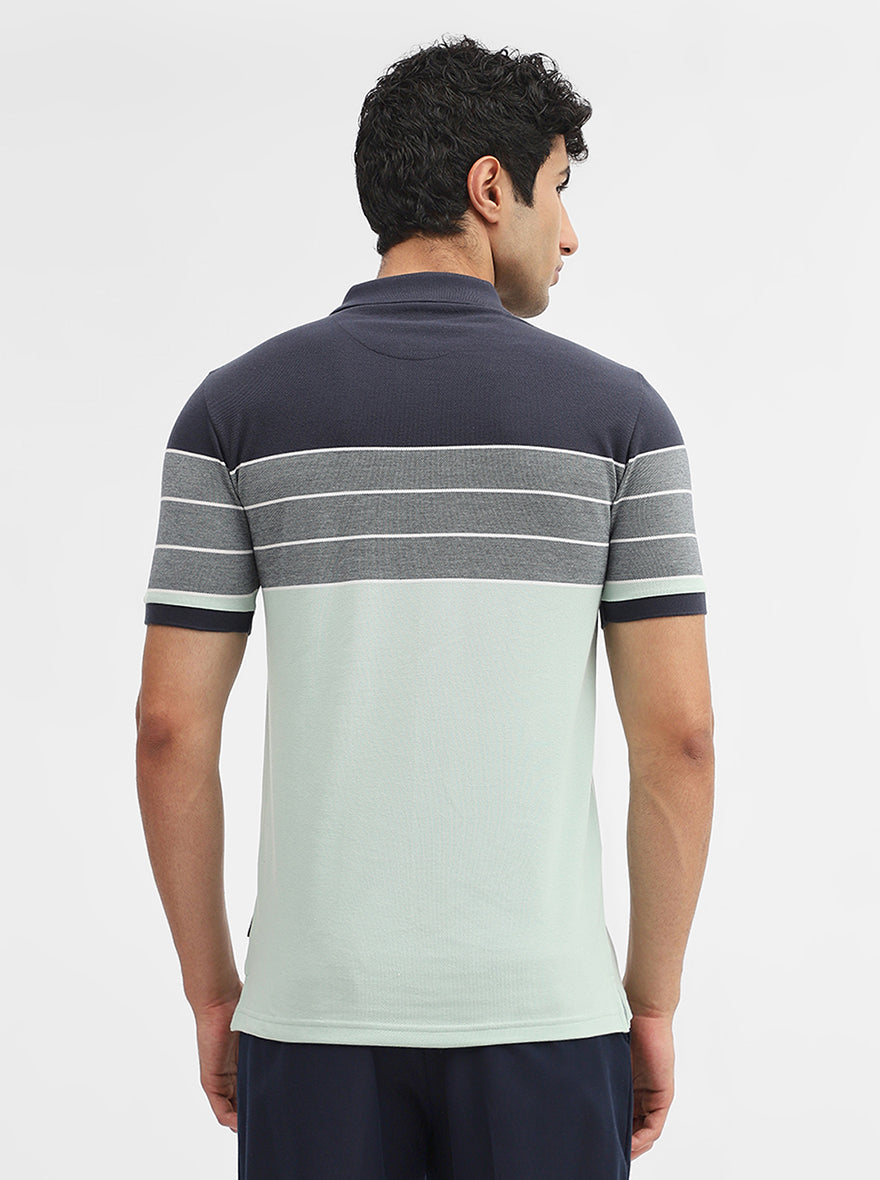 Navy Blue & Green Striped Slim Fit Polo T-Shirt | Greenfibre