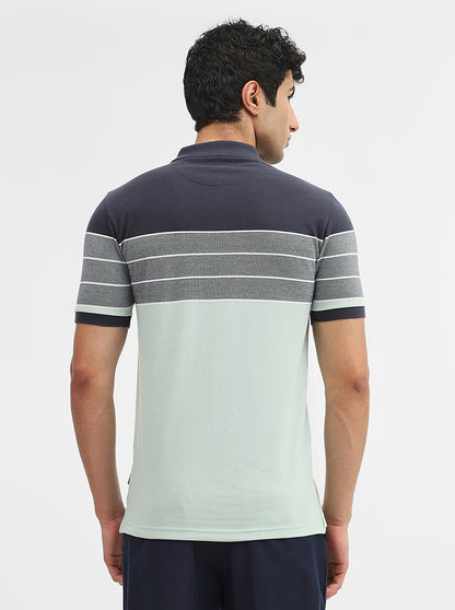 Navy Blue & Green Striped Slim Fit Polo T-Shirt | Greenfibre