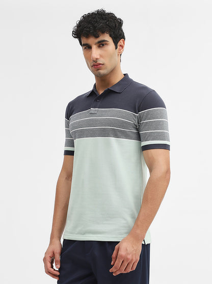 Navy Blue & Green Striped Slim Fit Polo T-Shirt | Greenfibre