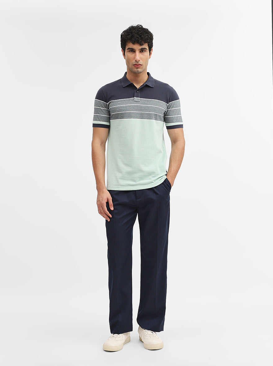 Navy Blue & Green Striped Slim Fit Polo T-Shirt | Greenfibre