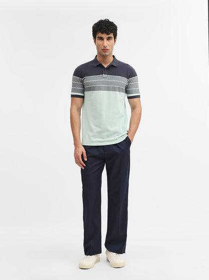 Navy Blue & Green Striped Slim Fit Polo T-Shirt | Greenfibre