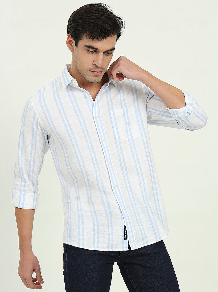 White & Sky Blue Striped Slim Fit Casual Shirt | JadeBlue