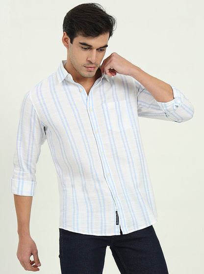 White & Sky Blue Striped Slim Fit Casual Shirt | JadeBlue