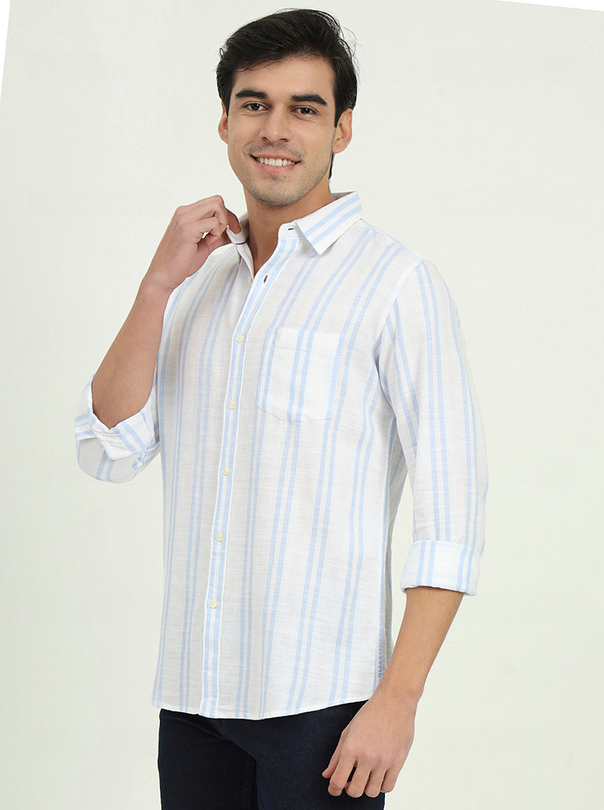 White & Sky Blue Striped Slim Fit Casual Shirt | JadeBlue