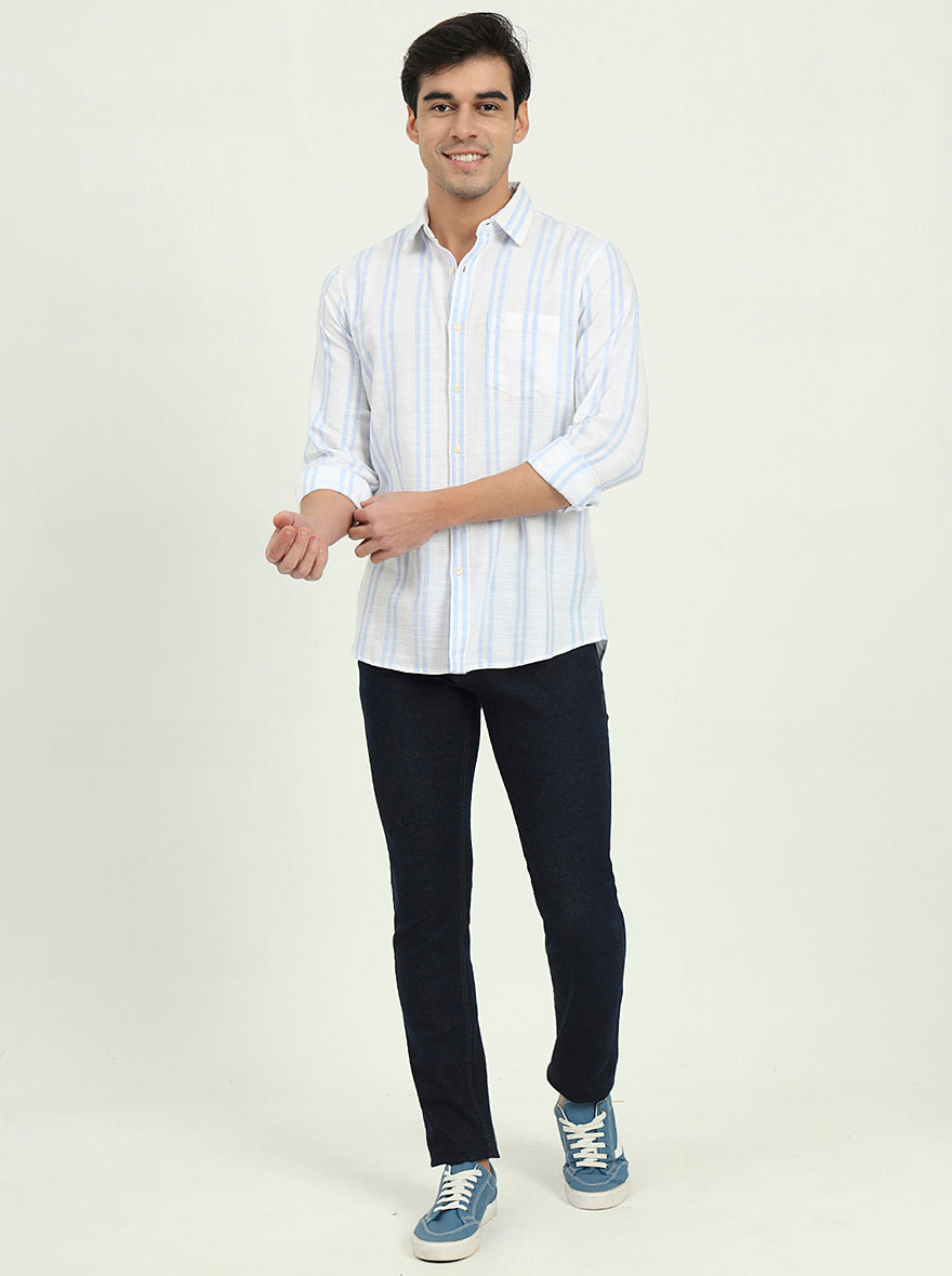 White & Sky Blue Striped Slim Fit Casual Shirt | JadeBlue
