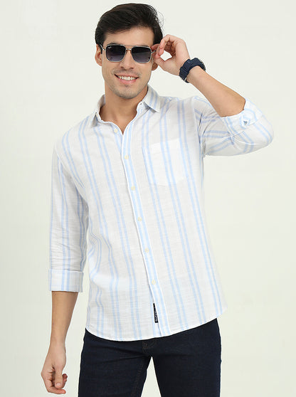 White & Sky Blue Striped Slim Fit Casual Shirt | JadeBlue