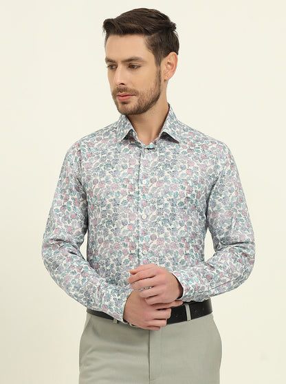 Off-White & Green Printed Regular Fit Formal Shirt | JadeBlue
