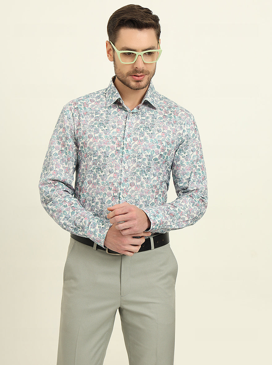 Off-White & Green Printed Regular Fit Formal Shirt | JadeBlue