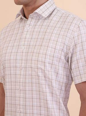 White & Fawn Checked Regular Fit Formal Shirt | Greenfibre