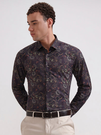 Brown & Multicolor Printed Slim Fit Party Wear Shirt | Wyre