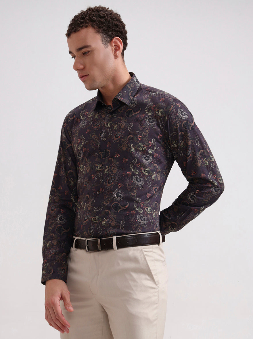 Brown & Multicolor Printed Slim Fit Party Wear Shirt | Wyre