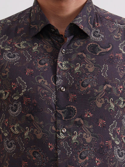 Brown & Multicolor Printed Slim Fit Party Wear Shirt | Wyre