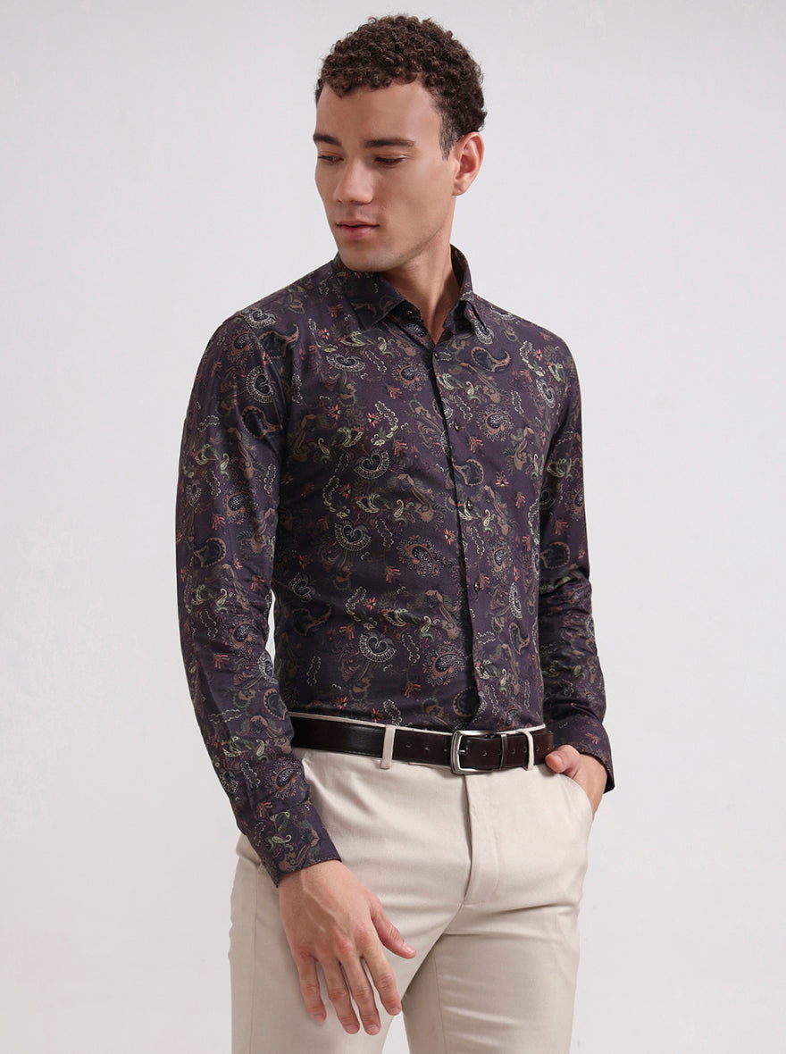 Brown & Multicolor Printed Slim Fit Party Wear Shirt | Wyre