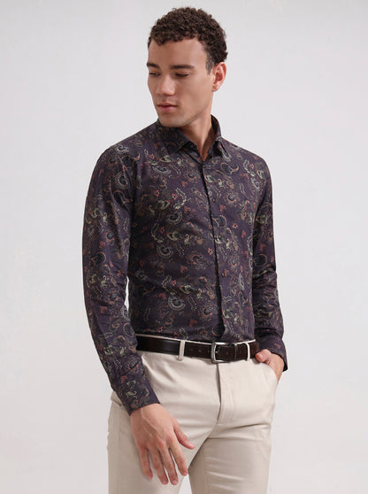 Brown & Multicolor Printed Slim Fit Party Wear Shirt | Wyre