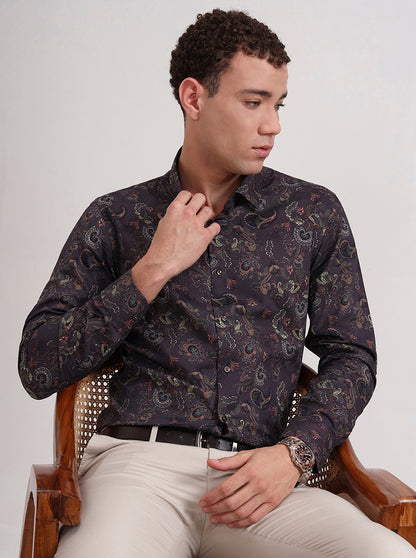Brown & Multicolor Printed Slim Fit Party Wear Shirt | Wyre