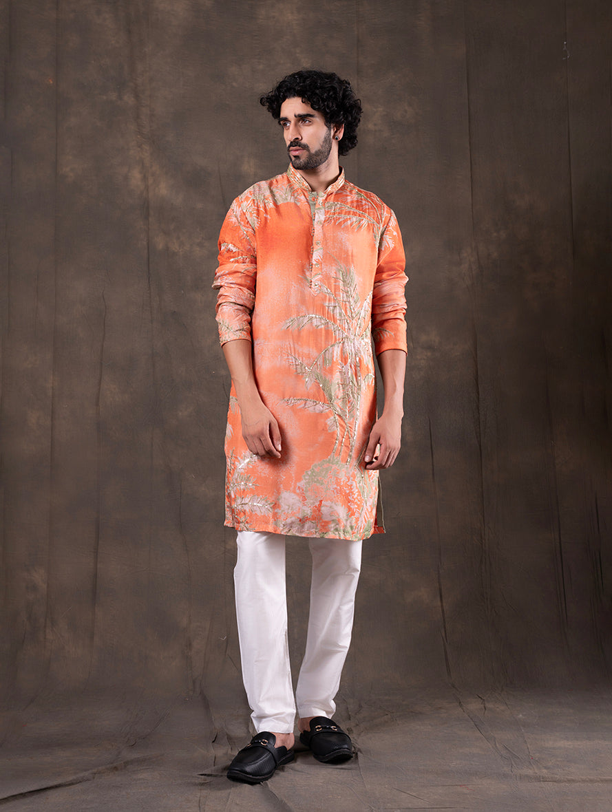 Orange Printed  Kurta Pajama | TULA